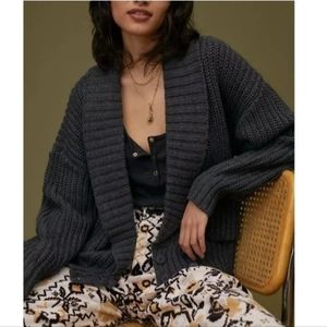 Anthropologie Deep V Cardigan Wool Blend Sweater Chunky Knit Dark Gray Small